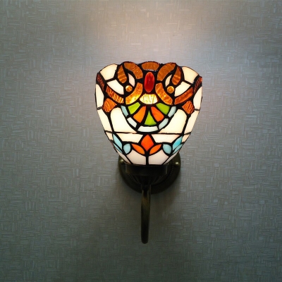 Single-Bulb Bell Wall Light Tiffany Yellow Hand-Cut Glass Sconce with Brass Swirl Arm
