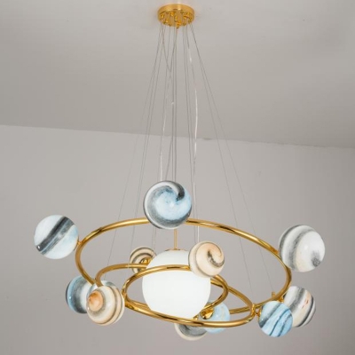 Stained Glass Solar System Chandelier Post-Modern 7 Bulbs Gold Hanging Light Fixture with Cord/Downrod