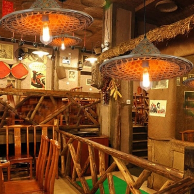 Straw Hat Ceiling Pendant South East Asia Bamboo 1-Light Restaurant Hanging Light Fixture in Wood