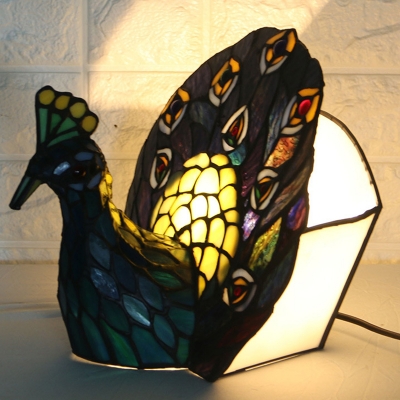 Tiffany Style Peacock Table Light 1 Head Stained Art Glass Nightstand Lamp in Blue