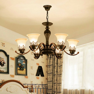 Vintage Flared Chandelier Lighting 3/6/12 Heads Frosted White Glass Suspension Lamp in Black