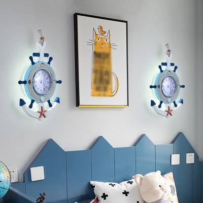 Wood Anchor/Rudder Wall Sconce Kids Style White/Blue LED Flush Mount Wall Light in Warm/White/3 Color Light
