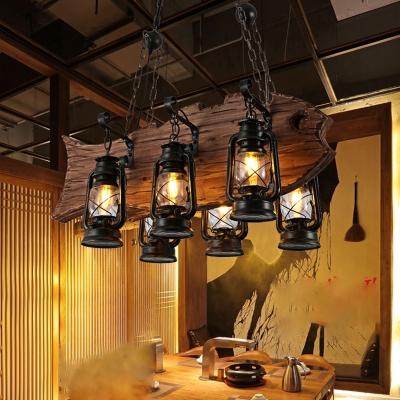 Wood Fish Chandelier Lamp Nautical 6-Light Dining Room Hanging Pendant with Kerosene Lampshade in Black