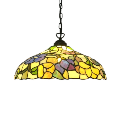 Yellow Flower Patterned Barn Pendant Light Tiffany 1 Head Stained Glass Hanging Light Fixture