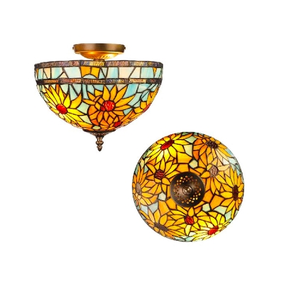 Yellow Half-Globe Semi Flush Mount Light Mediterranean 2-Bulb Sunflower Patterned Glass Ceiling Fixture