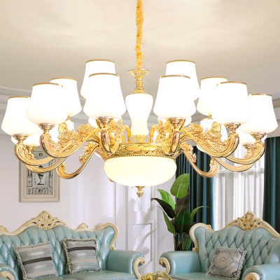 1/2/18-Bulb Chandelier Lighting Traditional Tapered White Glass Wall Lamp in Gold for Dining Room