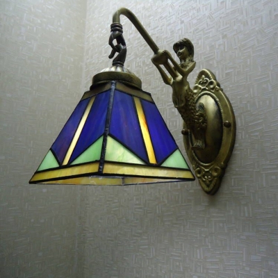 1/2/3-Head Mermaid Wall Lighting Mission Bronze Metal Wall Sconce with Pyramid Blue Glass Shade