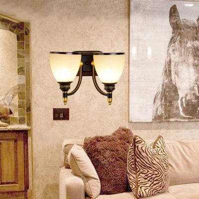 1/2-Light Cream Glass Wall Lamp Fixture Classic Black Bell Shaped Bedside Wall Mount Lighting