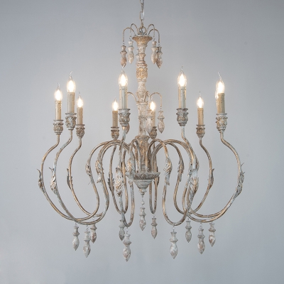 1/2-Tier Candle Iron Chandelier Rustic 3/10/15-Light Living Room Ceiling Hang Lamp in Distressed Wood