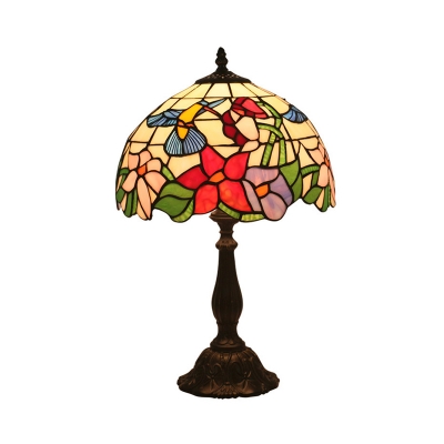 1-Light Table Lamp Tiffany Bird and Flower Patterned Cut Glass Night Light in Red