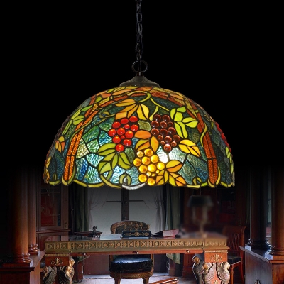 2-Bulb Dome Pendant Chandelier Tiffany Green Stained Glass Hanging Light with Grape and Vine Pattern