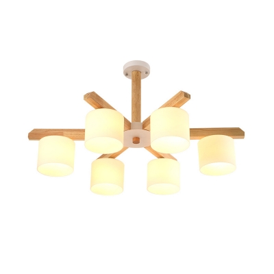 3/6/8-Bulb Living Room Chandelier Nordic Wood Ceiling Hang Light with Cylinder Milk Glass Shade