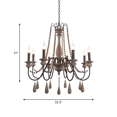 3/6/8 Lights Wood Ceiling Pendant Farmhouse Distressed White Candlestick Living Room Chandelier Lamp