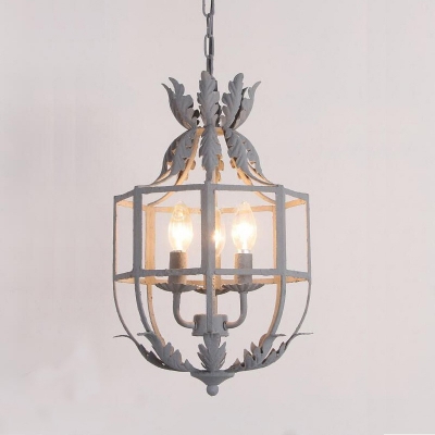 3-Head Wrought Iron Pendant Chandelier Farmhouse White/Grey Cage Bedroom Ceiling Suspension Lamp