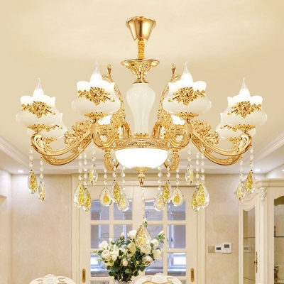 6/8/15 Heads Candelabra Chandelier Traditional Gold Faux Jade Suspension Light with Crystal Drape