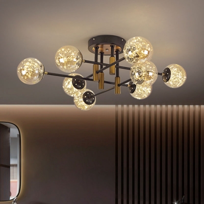6/8 Heads Bedroom Starry Ceiling Fixture Modern Black LED Semi Mount Lighting with Ball Clear Glass Shade