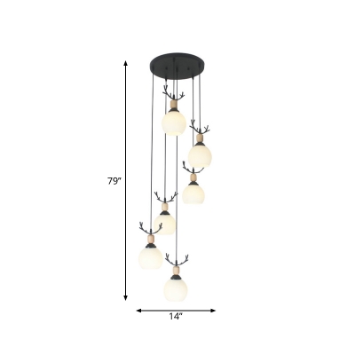 6/9-Head Hall Multi Ceiling Light Nordic Black Pendant Lamp with Dome Frosted White Glass Shade