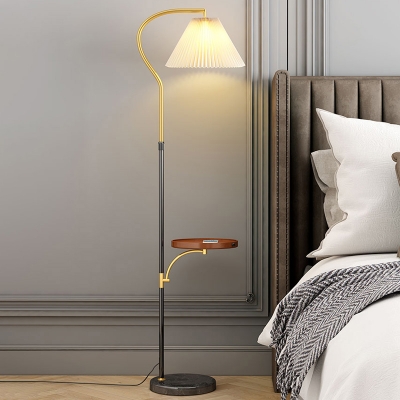Adjustable Conical Bedside Floor Lighting Pleated Fabric 1-Bulb Modern Floor Lamp in Gold with Tray and USB Port