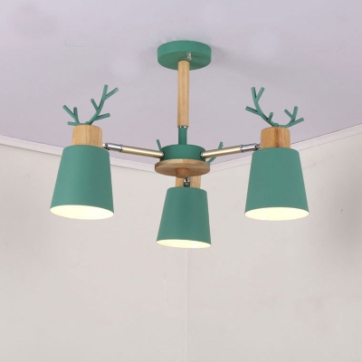 Adjustable Tapered Chandelier Lamp Nordic Metal 3/6 Bulbs Grey/White/Green and Wood Hanging Light with Antler Decor