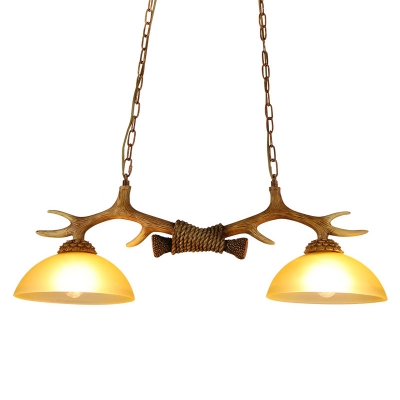 Beige Glass Bowl Island Pendant Cottage 2-Head Dining Room Hanging Lamp with Bare Wood Top