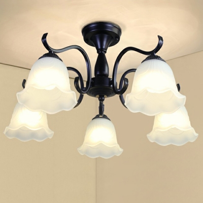 Bell/Flower Alabaster Glass Ceiling Lamp Farmhouse 6/8/10-Head Living Room Semi Flush Mount Light in Black