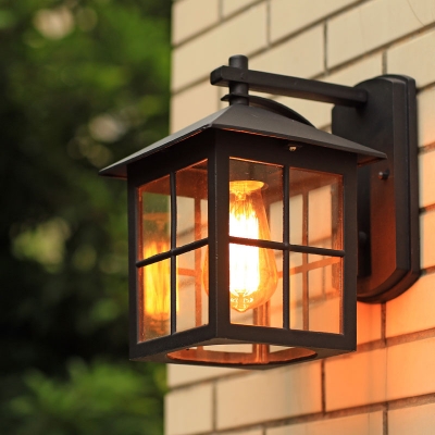 Black/Bronze Square Wall Light Fixture Retro Clear Glass 1 Head Outdoor Wall Mounted Lamp