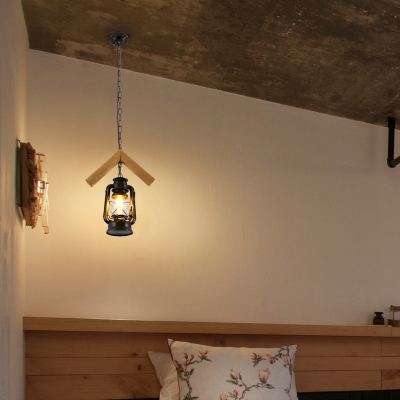 Black Kerosene Pendulum Light Nautical Clear Glass 1 Bulb Bedroom Hanging Pendant with Wood Frame/Top