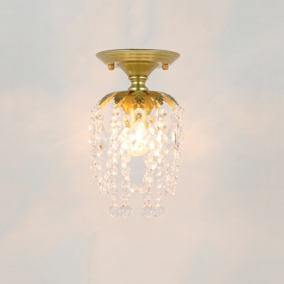 Brass Single-Bulb Ceiling Lamp Traditional Crystal Branch/Twist/Bell Semi Flush Light Fixture for Foyer