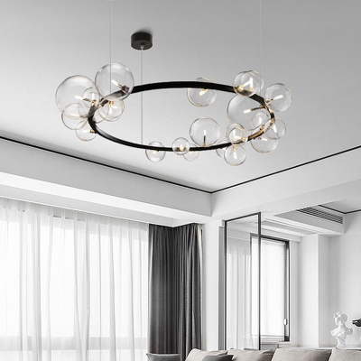 Bubble Dining Room Chandelier Clear Glass 15/24-Bulb Modernist Circle Ceiling Pendant Light in Black