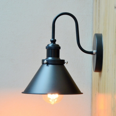 Bulb Gooseneck Wall Lighting Loft Cone/Scalloped Metal Wall Mount Light in Black for Bedroom