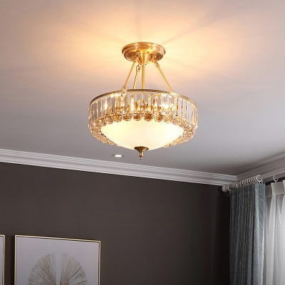 Classic Bowl Semi Flush Mount 4-Light Opal Glass Close to Ceiling Lamp with Crystal Side in Brass