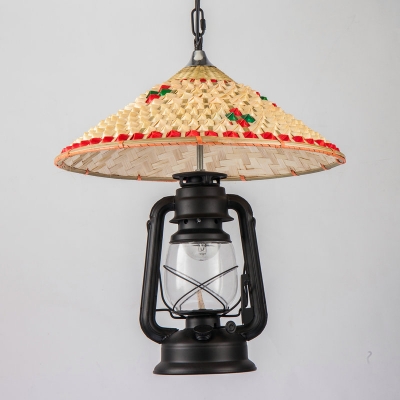 Copper/Brass/Black Single Pendant Lamp Farmhouse Bamboo Conical Hat Suspension Light with Kerosene Clear Glass Shade