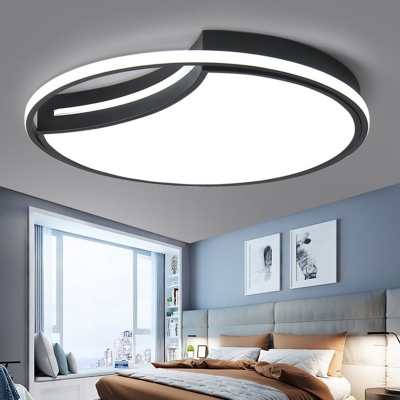 Crescent Bedroom Ceiling Mount Light Metal Minimalist LED Flush Light Fixture with Glow Hoop in Black, Warm/White Light