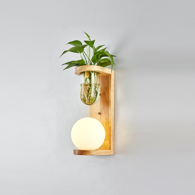 Cylinder/Ball White Glass Wall Light Lodge Single Bedside Plant Wall Lighting Ideas in Wood