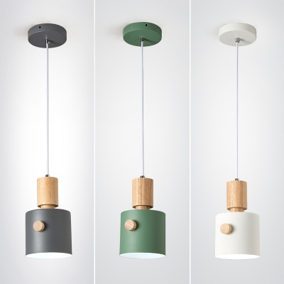 Cylindrical Metal Pendant Light Fixture Macaron 1 Head Grey/White/Green Suspension Lighting with Wood Grip