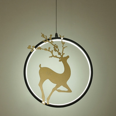 Deer Metal Pendulum Light Art Deco Black/White and Gold Ring LED Ceiling Pendant in Warm/White/3 Color Light