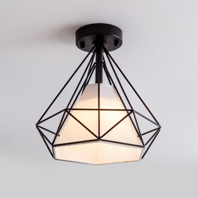 Diamond Corridor Ceiling Light Vintage Metal 1-Light Black/Gold Flush Mount Lamp with Cone Fabric Shade Inner