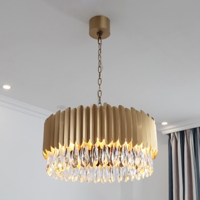 Drum Living Room Ceiling Pendant Modern Crystal Teardrop Black/Gold LED Chandelier Light, 23.5
