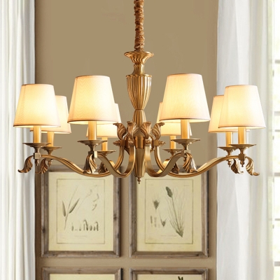 Fabric Cone Chandelier Lamp Antique Style 3/5/10-Light Dining Room Ceiling Pendant in Brass