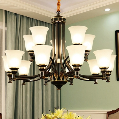 Flared Shape Living Room Chandelier Country Frosted White Glass 3/8/15 Heads Black Hanging Ceiling Light