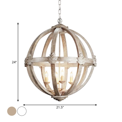 French Country Spherical Chandelier 4 Bulbs Wooden Ceiling Pendant Light in White/Distressed White