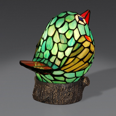Green Glass Birdie Mini Night Light Tiffany Single-Bulb Dark Wood Table Lamp for Kids Room