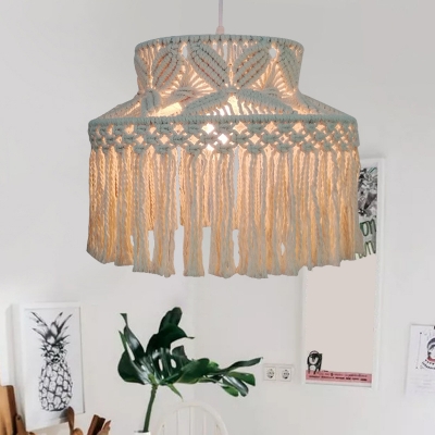 Hand-Knit Roped Barn Shade Pendant Countryside 1 Head Living Room Small/Large Ceiling Hang Light with Fringe in Beige