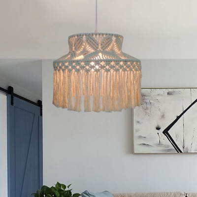 Hand-Knit Roped Barn Shade Pendant Countryside 1 Head Living Room Small/Large Ceiling Hang Light with Fringe in Beige