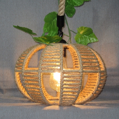 Hemp Rope Beige Hanging Light Pumpkin Shaped 1-Light Rustic Plant Pendant Lamp with Cutout Design