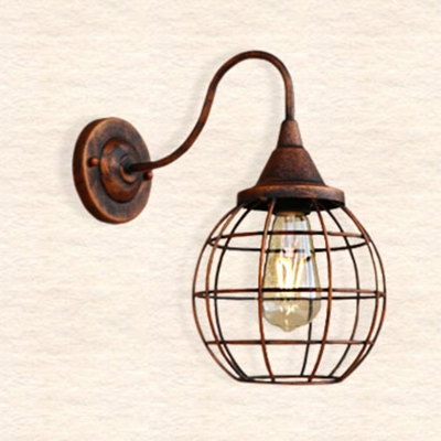 Iron Sphere Cage Wall Lamp Industrial-Style 1 Head Dining Room Gooseneck Wall Mount Lighting in Black/Rust