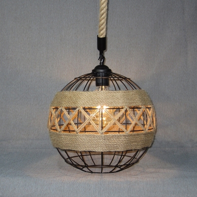Jute Rope Beige Pendulum Light Globe Single Rustic Ceiling Pendant with Artificial Ivy Deco