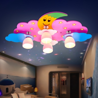 Kids Starry Moon Night Flush Mount Wood 4 Lights Child Room Ceiling Light in Pink/Blue with Bell White Glass Shade