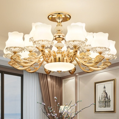 Lotus Bud Milk Glass Chandelier Traditional 10/12/15 Heads Gold Hanging Ceiling Light for Living Room