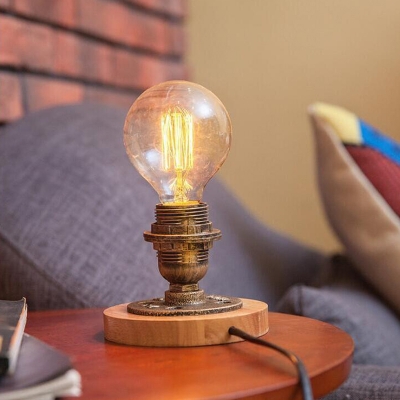 Metal Bronze Night Lamp Exposed Bulb Design 1 Head Industrial Style Table Light with Wood Base